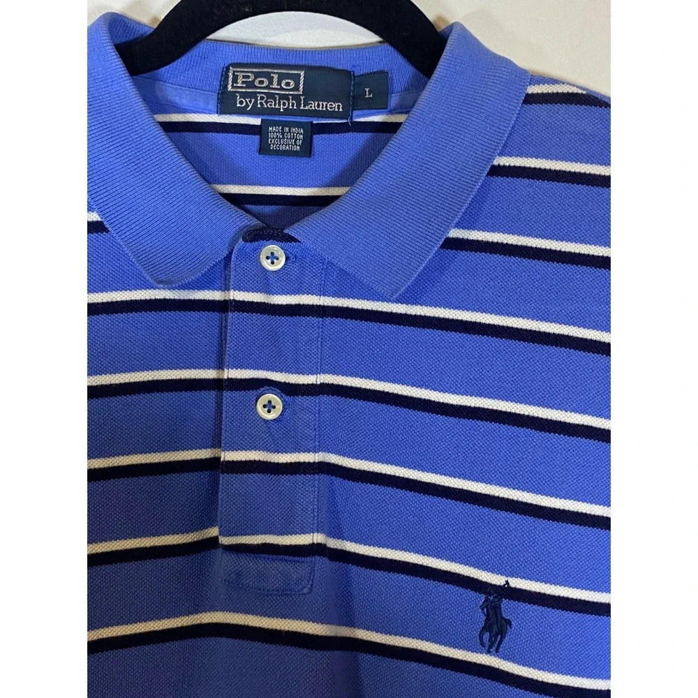 Polo Ralph Lauren Men's Large Blue Striped Short Sleeve Cotton Polo Shirt